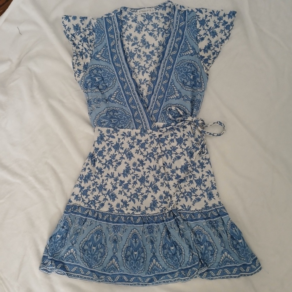 R. Vivimos, Blue Floral Wrap Mini Dress Women's Size Small